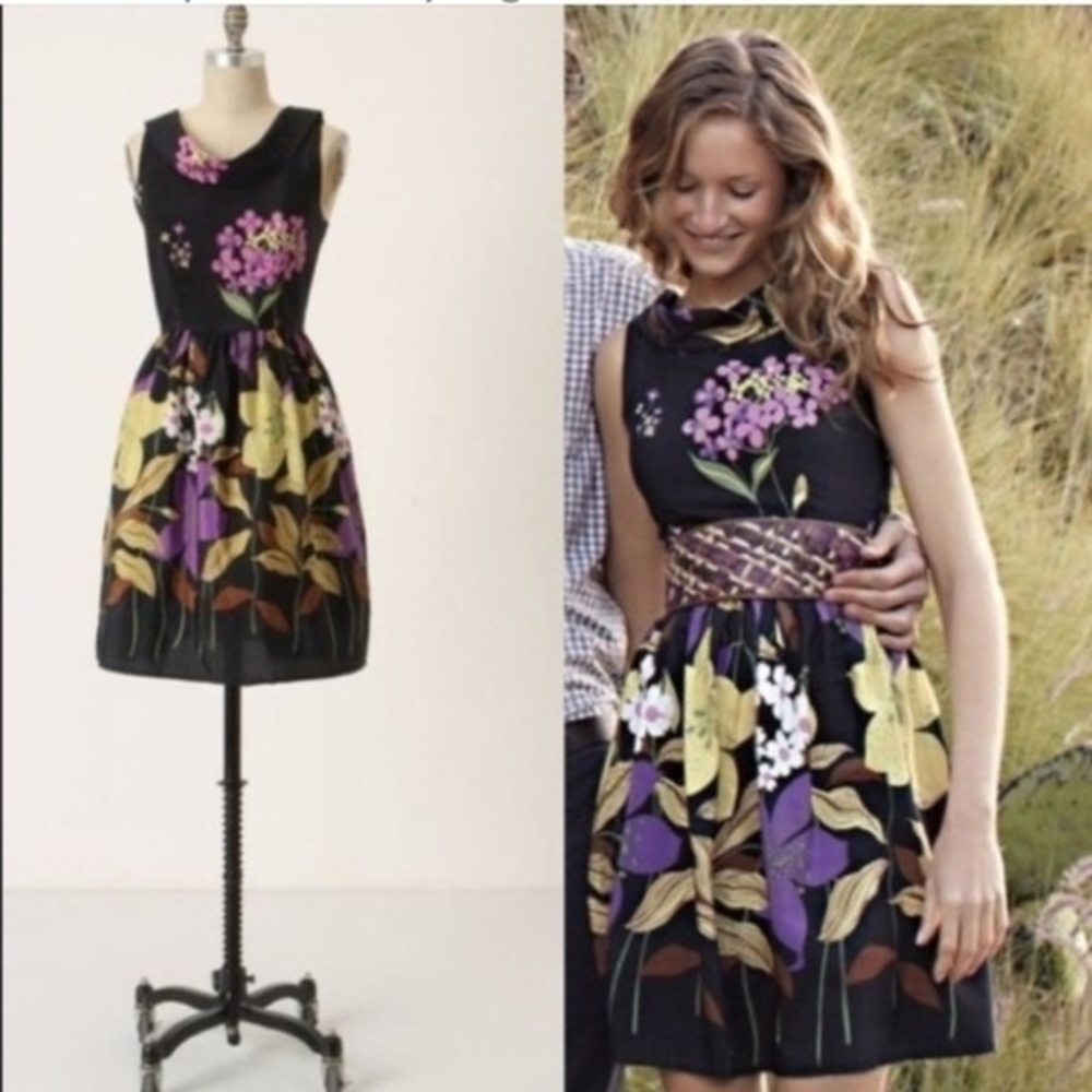 Black Floral A-Line Dress with Purple and Yellow Print